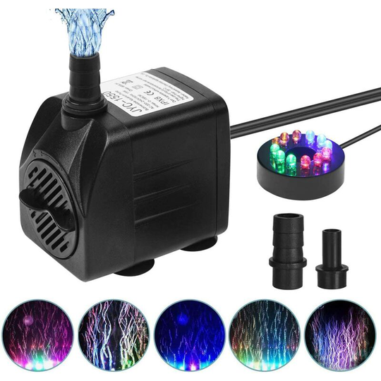 Perle Rare - Submersible Water Pump, 15W Aquarium Pump with 12 Color Adjustable led Lights Ultra-Quiet with 4 Suction Cup Feet and 2 Nozzles 1.5m