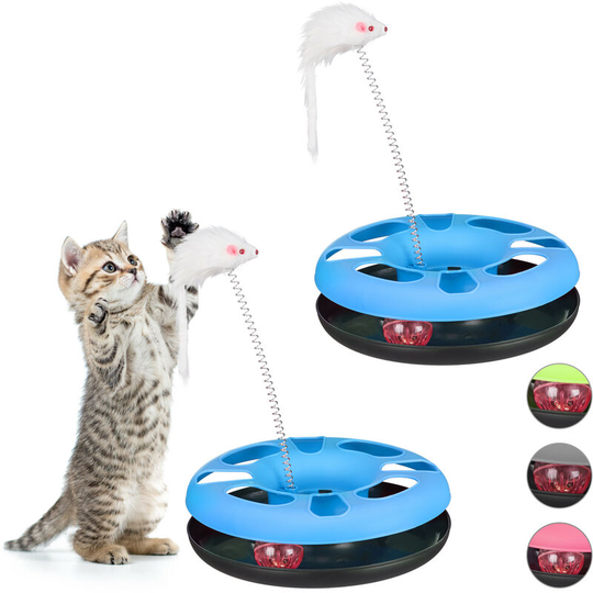 Relaxdays - Set of 2 Cat Toys Carousel with Mouse, Interactive Toy, Ball with Bell, Pet Training, Blue