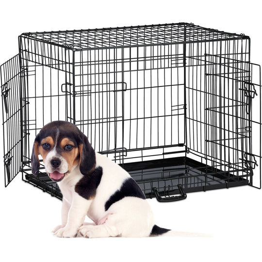 Relaxdays Foldable Dog Crate, for Travels with Pets or Indoors Use, Metal Bottom, 2 Doors, HWD: 59 x 77 x 54 cm, Black