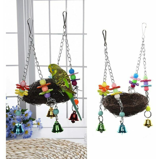 Bird swing - natural rattan - with bells and perch - for parrots / parakeets / cockatiels / finches / cockatoos / macaws / gray parrots