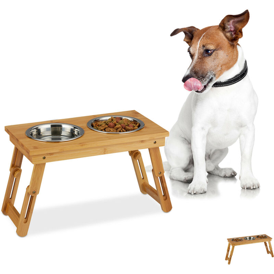Relaxdays Bowl Stand for Medium Dogs, For Food & Water, Height-Adjustable and Foldable, HxWxD 26x47x23 cm, Natural