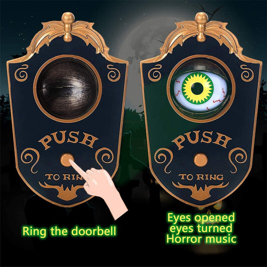 Halloween Doorbell, Haunted Doorbell Animated Eyeball Halloween Decor with Spooky Sounds, Trick or Treat Event for Kids(Black)18x11cm