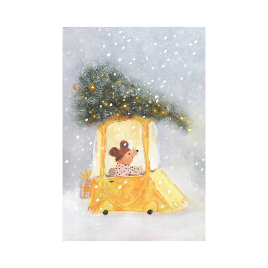 Little Mouse Carrying Chrictmas Tree on the Top of the Car by Natalia Shaloshvili - Wrapped Canvas Painting