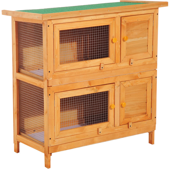 Pawhut - 2-Tier Wooden Rabbit Hutch Guinea Pig Hutch Duck House Double Decker Pet Cage with Sliding Tray Opening Top - Natural wood finish