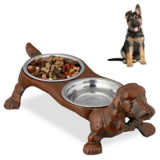 Relaxdays - Double Dog Bowl Set, Cast Iron Stand, Pet Feeding Station, 200 ml, Stainless Steel, hwd 14x43x20.5 cm, Brown