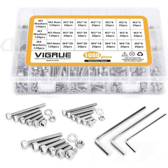 Kit 1080PCS M2 M3 M4 Stainless Steel Hexagon Socket Cable Bolts with Nuts Assortment