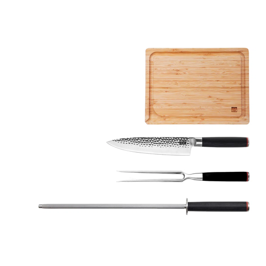 The BBQ Set Deluxe: Gyuto + Carving Fork + Honing Steel + Bamboo Cutting Board