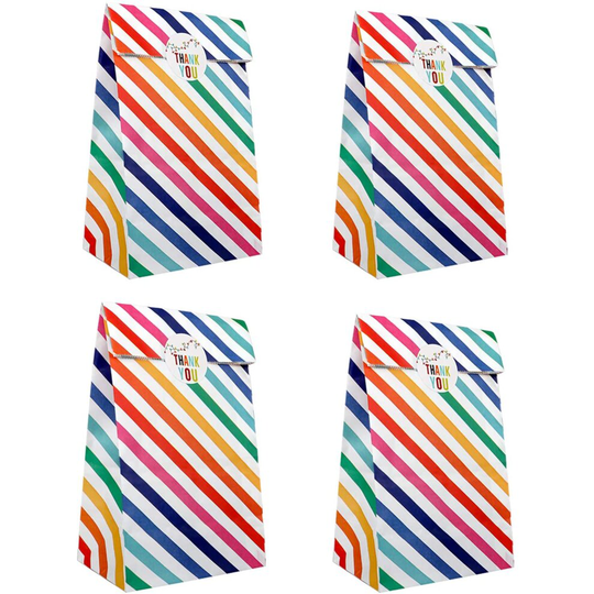 RFWIN 30Pcs Paper Party Bag 5" X 9" Kraft Paper Candy Bags, Rainbow Stripe Lunch Goodie Paper Bags Grocery Treat Bag with Stickers for Birthday