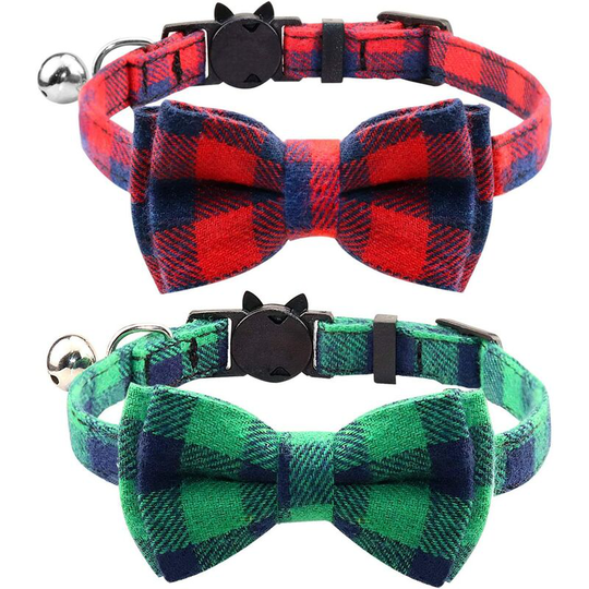 Breakaway Cat Collar with Bow Tie and Bell, Cute Plaid Patterns, 1 or 2 Pack Kitty Safety Collars