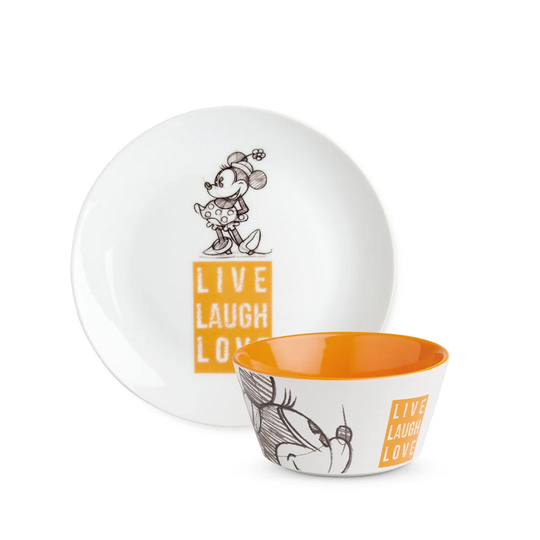 Mickey Live Laugh Love Set Dessert Plate And Bowl Minnie Live Laugh Love Orange