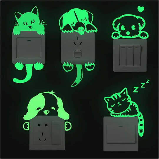 5 Packs Glow in The Dark Wall Stickers,Luminous Switch Sticker,Cartoon Cat Dog pvc Wall Stickers for Kids and Adult Nursery Bedroom Living Room