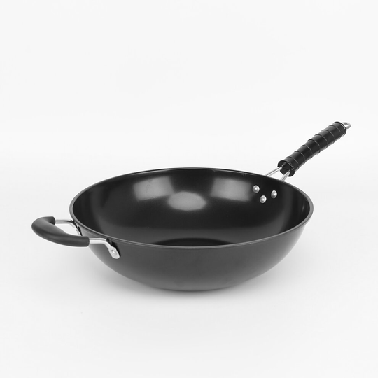 Large Black Carbon Steel Non Stick Wok with Helper Handle 32cm