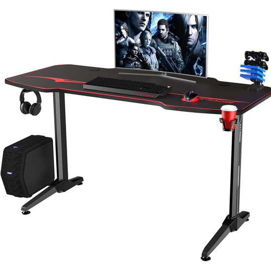 T-shape Large Black/Red Gaming Computer Desk with Free Full Mousepad,Earphone Hooks and Cup Holder,PC Desk Gaming Desk,140cm,Black - Devoko