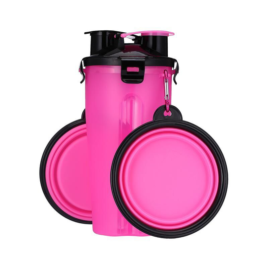 Muff - Portable Pet Water Bottle and Food Container for Travel 2-in-1 Chamber Bottle with 2 Collapsible Bowls (Pink)