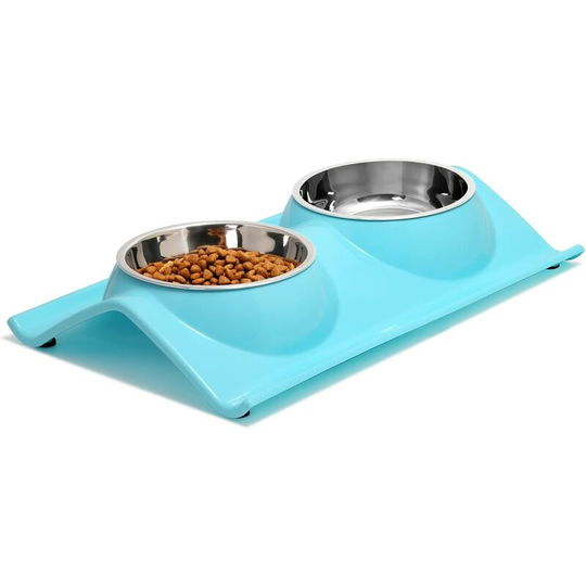 Double Dog Cat Bowls Premium Stainless Steel Pet Bowls No-Spill Resin Station, Food Water Feeder Cats Small Dogs blue