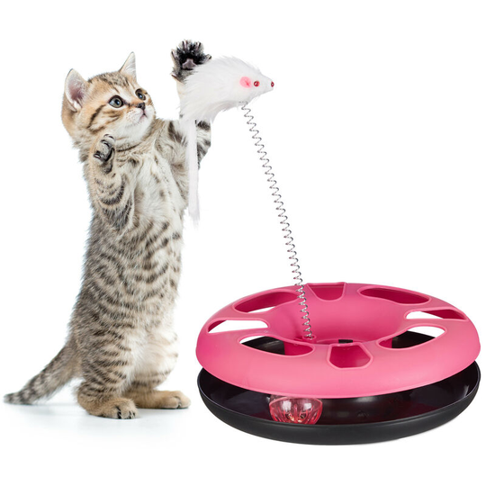 Relaxdays - Pink Cat Toy Carousel with Mouse, Interactive Toy, Ball with Bell, Pet Training and Entertainment
