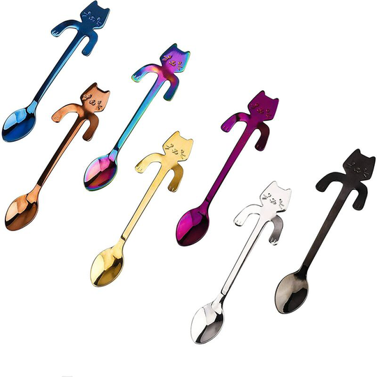 LITZEE Suspended Mini Stirring Spoon Kitten Design for Tea, Milk, Coffee, Dessert, Drink, Milk Shake 7 Pieces