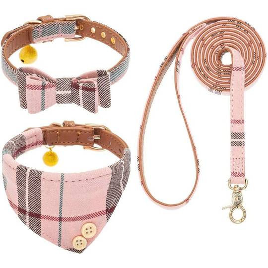Bow Tie Dog Collar and Leash Set Classic Plaid Adjustable Dogs Bandana and Collars with Bell for Puppy Cats 3 Count (Pink S 9-11.5")