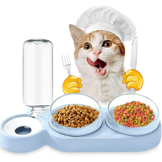 Qersta - Elevated Double Cat and Dog Bowl, 3 in 1 Automatic Pet Food and Water Dispenser, 15° Tilted Double Food Bowl, for Cats and Puppies (Blue)