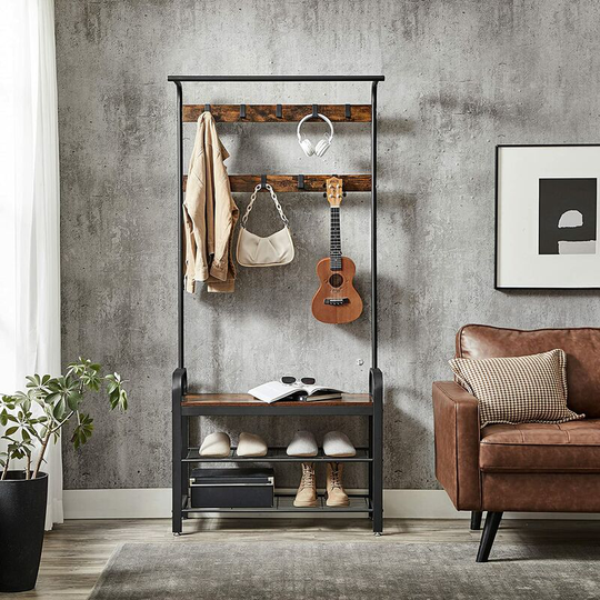 Songmics - vasagle Coat Rack Stand, Free Standing Hall Tree, Coat Stand with Removable Hooks, Bench and Shoe Rack, Height 183 cm, Steel, Industrial,