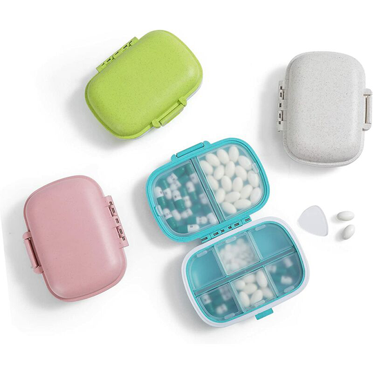 Daily Pill Box, 8 Compartment Portable Pill Box, Vitamin Pill Box, Separate Pill Box, Cod Liver Oil (4 Pack)