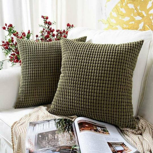 Olive Green Granules Cushion and Cushion Cover Set of 2, Soft Corduroy Decorative Square Cushion Cover Cushion Covers Pillow Case, Home Decorations