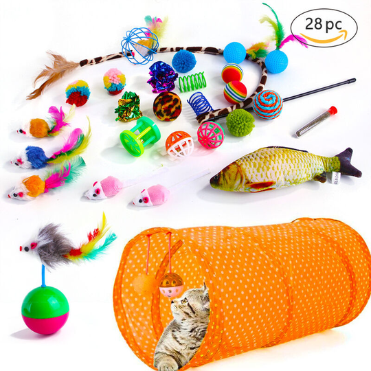 28 pcs Cat Toys, Kitten Toys for Indoor Cats Interactive Cat Tunnel Catnip Fish Mouse Teaser Wand Variety Balls Bells Toys Assorted Feathers for Cat