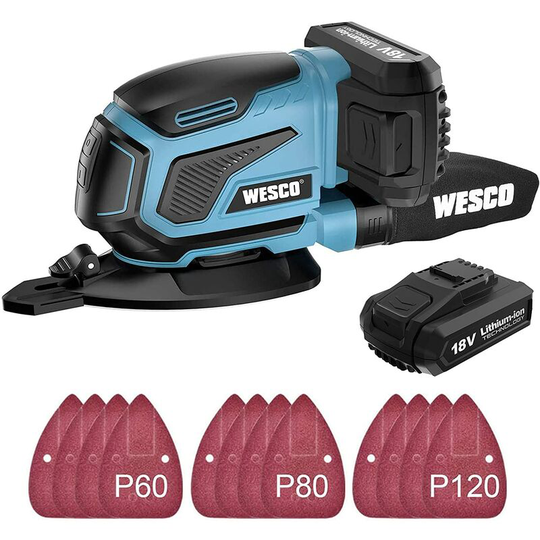 Cordless Sander, wesco 18V 2.0Ah Detail Sander with Finger Pad, Battery and Charger Included, WS2315.1
