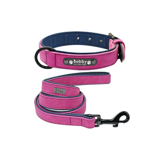 (Purple-Set, S) Suede Custom Dog Collar Leash Set