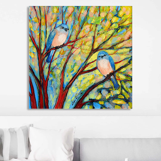 Two Bluebirds by Jennifer Lommers - Wrapped Canvas Painting