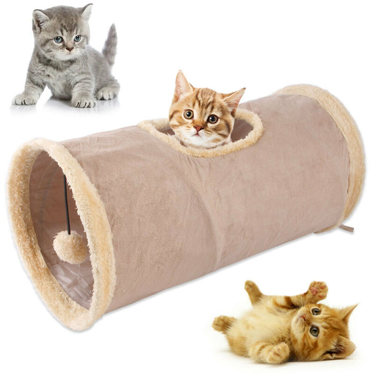 Suede Cat Tunnel Toy Lightweight Collapsible Cat Tunnel with Caves 50x25cm for Cats Kittens Rabbits Guinea Pigs Khaki