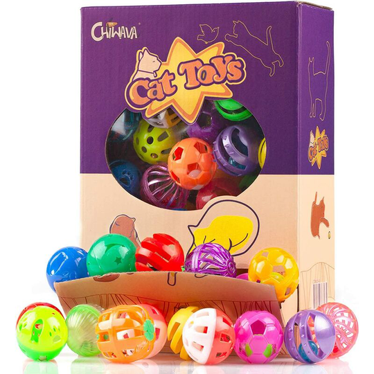 48 Pack Plastic Noisy Cat Toy Balls with Bell Kitten Chase Toy 8 Types Assorted Color Size