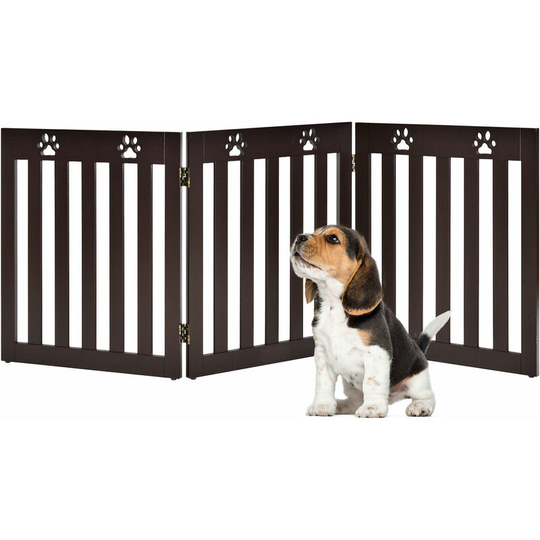 Foldable Pet Gate, Wooden Freestanding Dog Barrier with 360° Flexible Hinges, 60cm Step Over Safety Fence for Doorway, Stairs (152 x 60cm, Espresso)