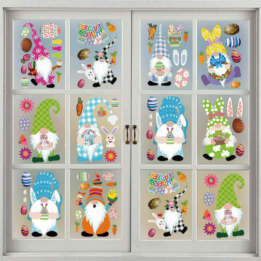 Newest Easter Window Clings, Gnome Rabbit Egg Decorations Wall Glass Sticker, Durable PVC Party Ornaments Glass Sticker Set for Window, Wall Home