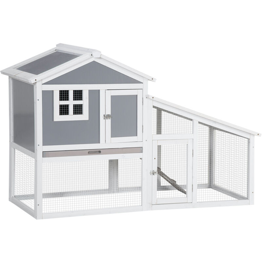 Pawhut - Two-Tier Rabbit Hutch w/ Sunlight Panel Roof, Slide-Out Tray - Grey - Grey