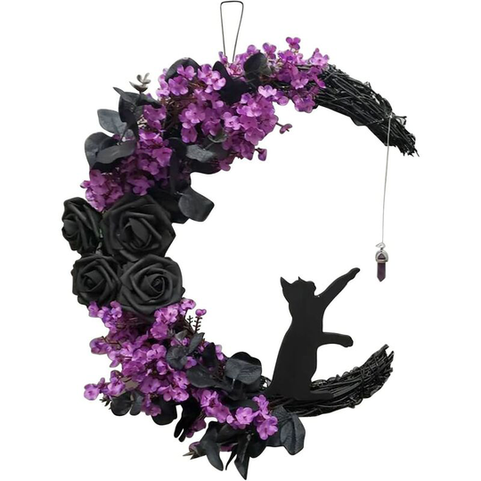 Moon Halloween Wreaths For Front Door Halloween Moon Wreath With Cat Wall Decor Halloween Cat Door Wreath Cat Halloween Decorations For Wicker