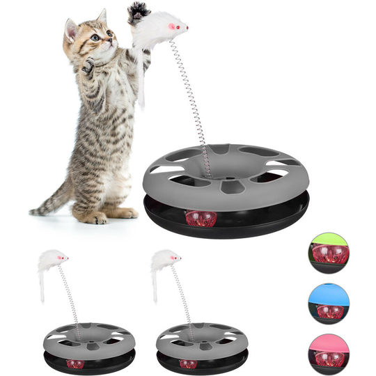 Relaxdays - Set of 3 Cat Toys Carousel with Mouse, Interactive Toy, Ball with Bell, Pet Training, Grey