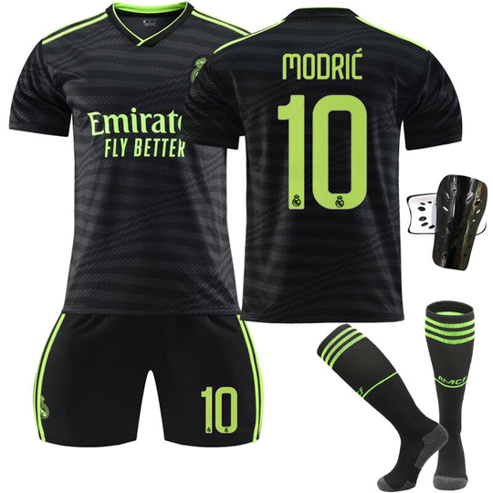 Real Madrid II away game black fluorescent green jersey suit No.10 with socks+protective gear, children's size 22