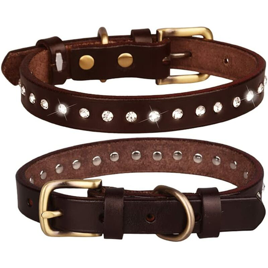 Leather Pet Collar, Vintage Top Layer Cowhide Dog Collar, Cowhide Collar Rhinestone Dog Collar
