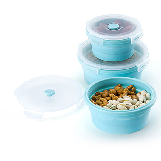 Lifcausal - Silicone Lunch Boxes Set Collapsible Food Storage Containers Round Folding Picnic Outdoor Kitchen Microwave Freezer Bowl 3Pcs