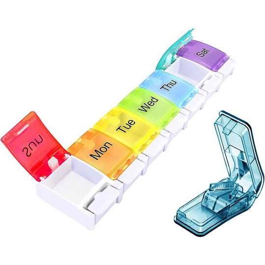 Weekly Pill Organizer with Pill Cutter, bpa Free Travel Pill Case Box 7 Day with Push Button, Design to Cut and Hold Pills, Vitamin, Fish Oil,