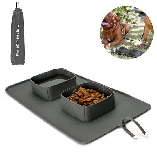 Pet Silicone Bowl Dog and Dog Folding Double Bowl Outdoor Portable cat and Dog Folding placemat Feeding and Drinking Two in one, gray