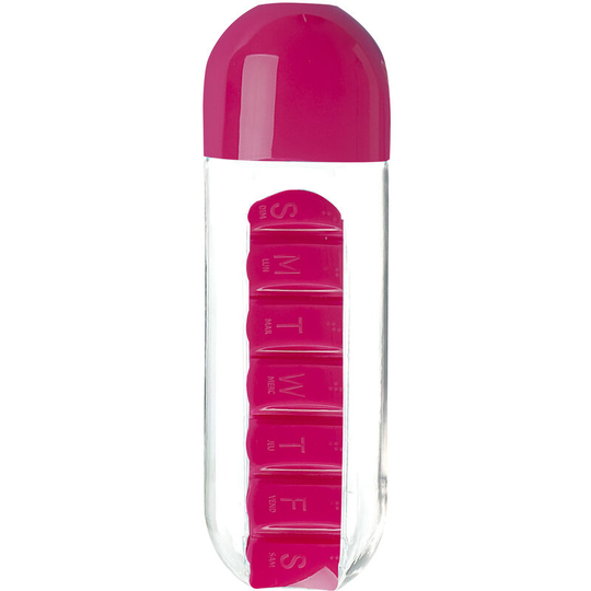 600ml Portable Water Bottle with Pill Organizer Medication Reminder Portable Travel Container for Vitamins Fish Oil Compartments,Purple