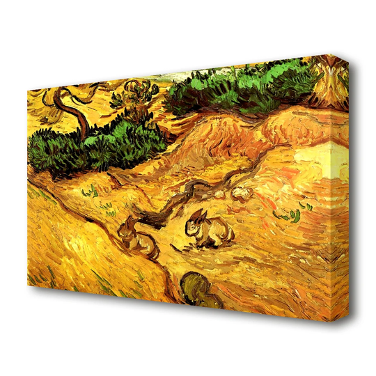 'Field with Two Rabbits' by Vincent Van Gogh Oil Painting Print on Wrapped Canvas