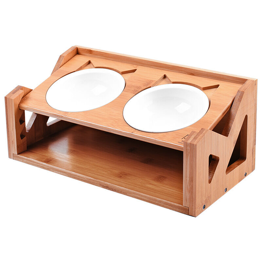FVO - Cat Bowl, Cat Bowl, Double Bowl, Feeding Bowl, Bamboo Wood, Elevated Dining Table for Cats and Pets, Ceramic Bowl and Non-Slip Mat
