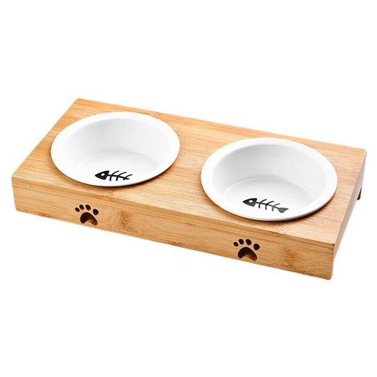 Benobby Kids - Ceramic tall cat bowl bamboo wood frame, stable support, removable design to prevent slippage Tiltable cat food bowl for dogs