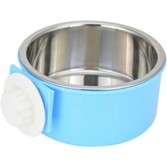 Pet Food Bowl Dog Cat Food Bowl Stainless Steel 2 in 1 Hanging Bowl Attach Cage Mount for Small Pets Dog Cat Rabbit Bird (Blue)