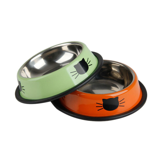 Set of 2 Cat Bowls, Stainless Steel Cat Bowls with Non-Slip Bottom for Small Cats, Orange and Green