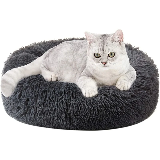 Round Plush Cat Dog Bed - Cat Beds - 40cm, Dark Grey - Dark Grey