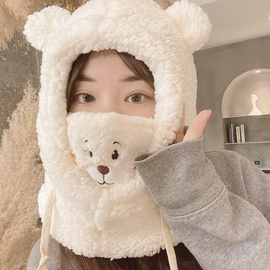 Cute bear mask, neck scarf, ear cap, winter cycling warm windproof hat, autumn and winter versatile (white)